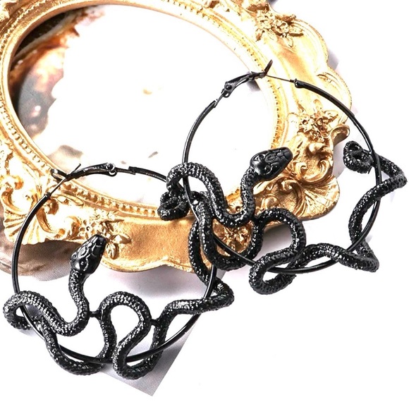 “Auryn” Black Snake Ouroboros Neverending Story Medusa Endless Knot Witchy Hoops - Picture 5 of 16